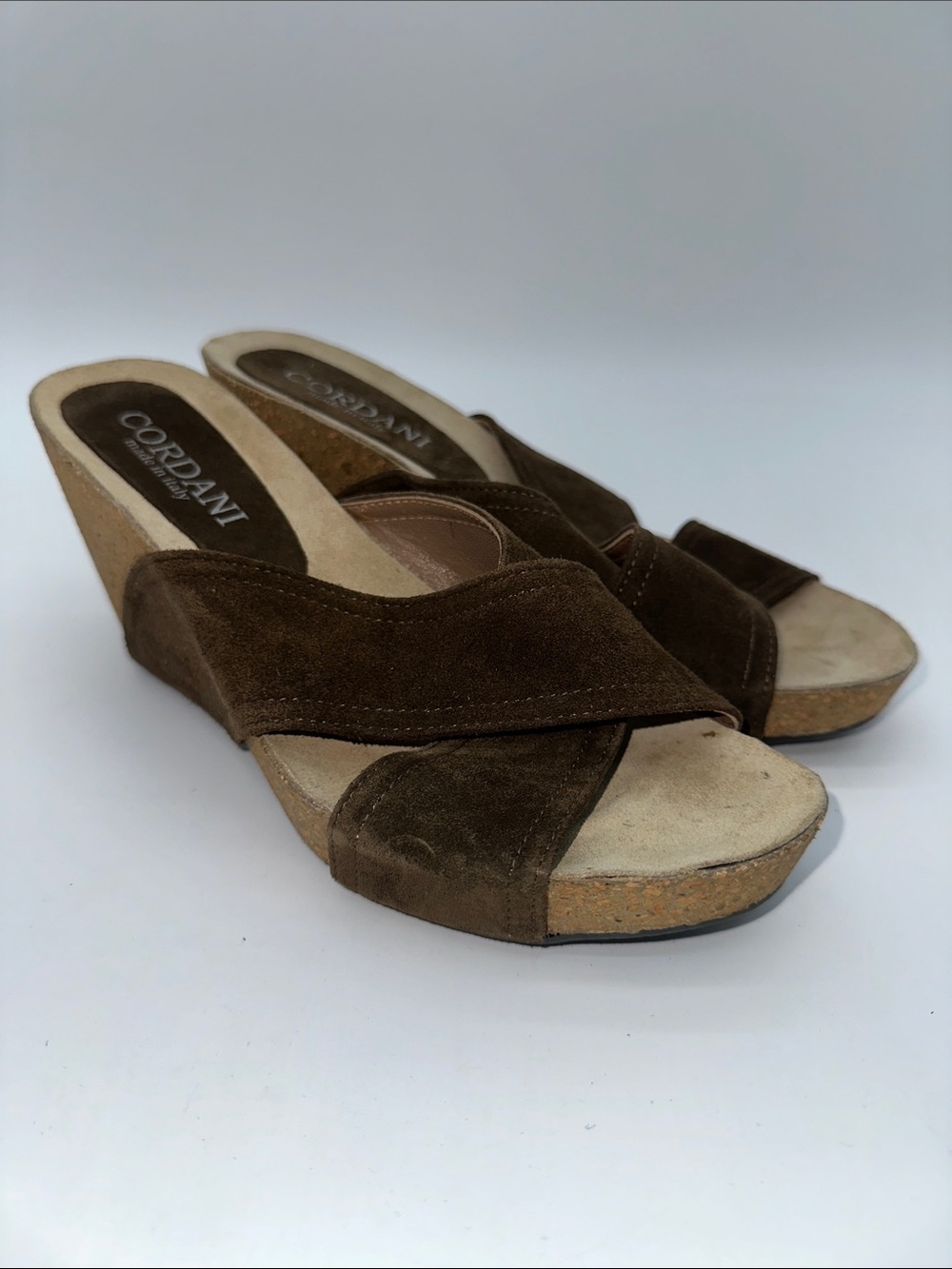 Cordani Dark Brown Suede Crisscross Wedge Sandals